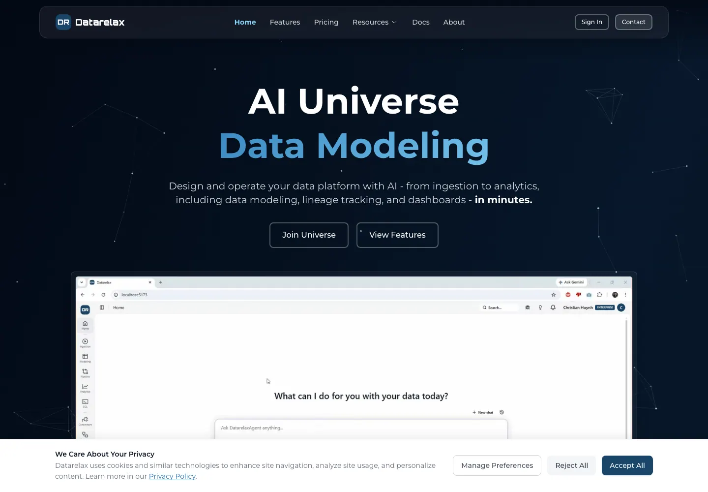 Datarelax 首页：面向数据建模、谱系与分析的平台