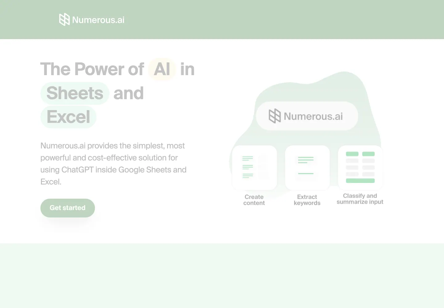 Numerous.ai 首页：在 Google Sheets 与 Excel 中使用 AI