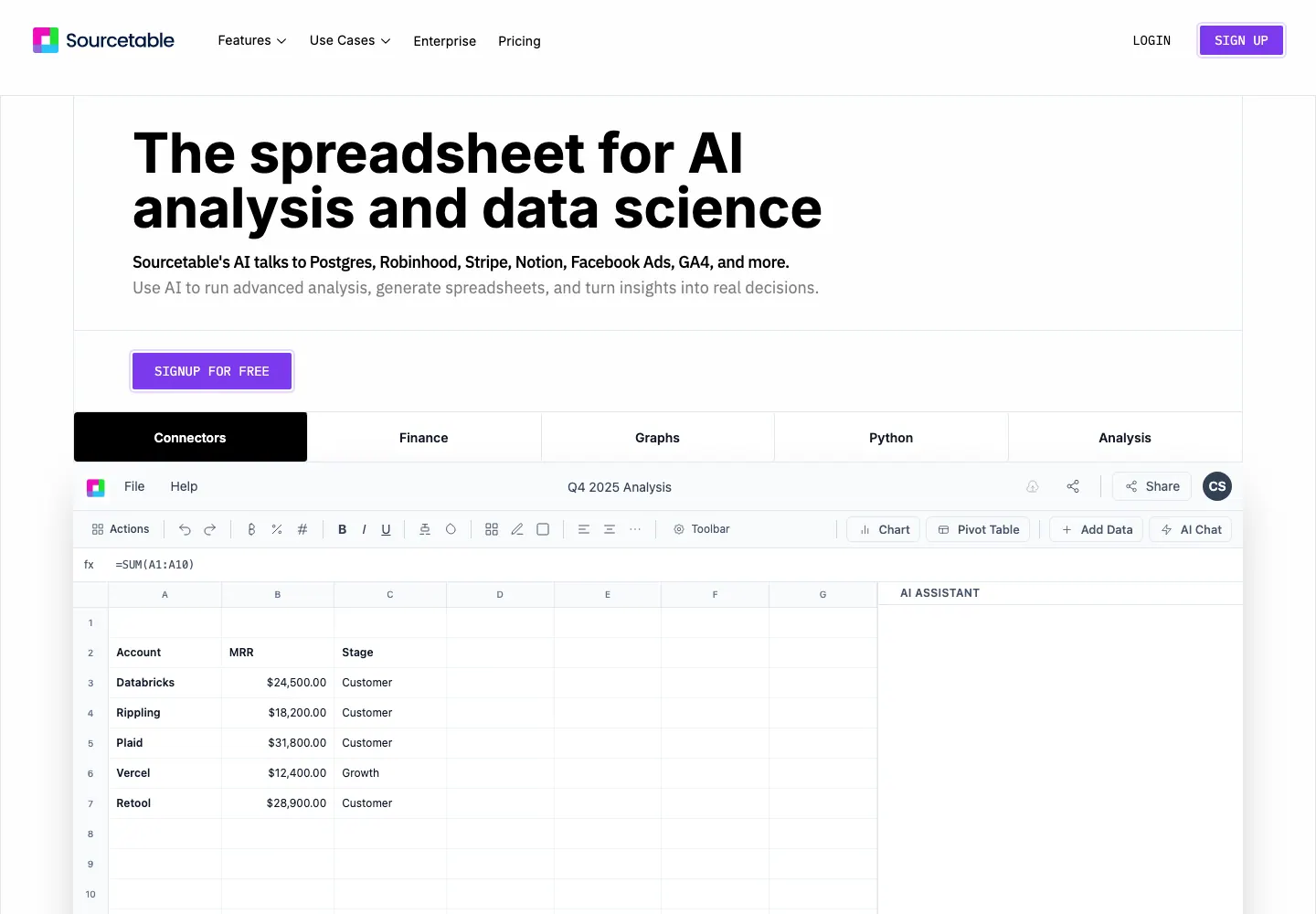 Sourcetable 首页：AI 分析与数据科学电子表格