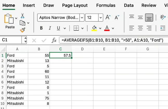 AVERAGEIFS function in Excel example