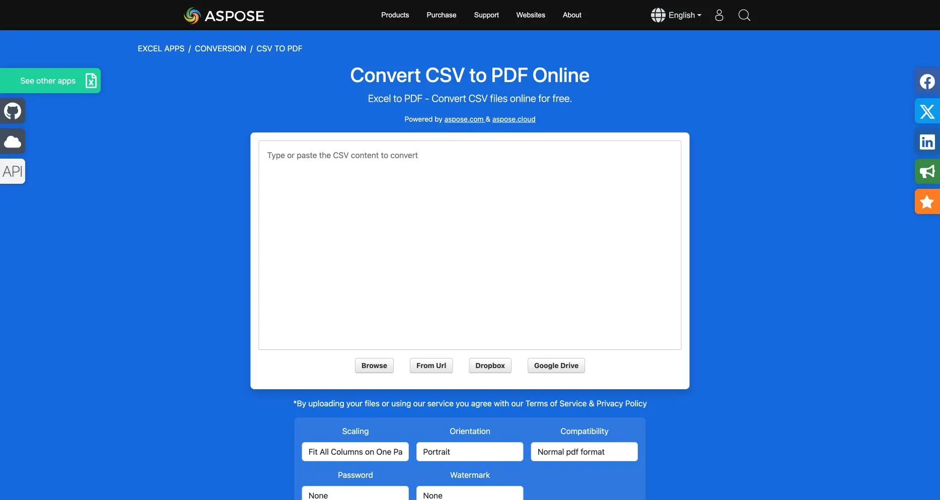 Aspose 的公共 CSV 转 PDF 页面，显示缩放、方向、兼容性、密码和水印控制