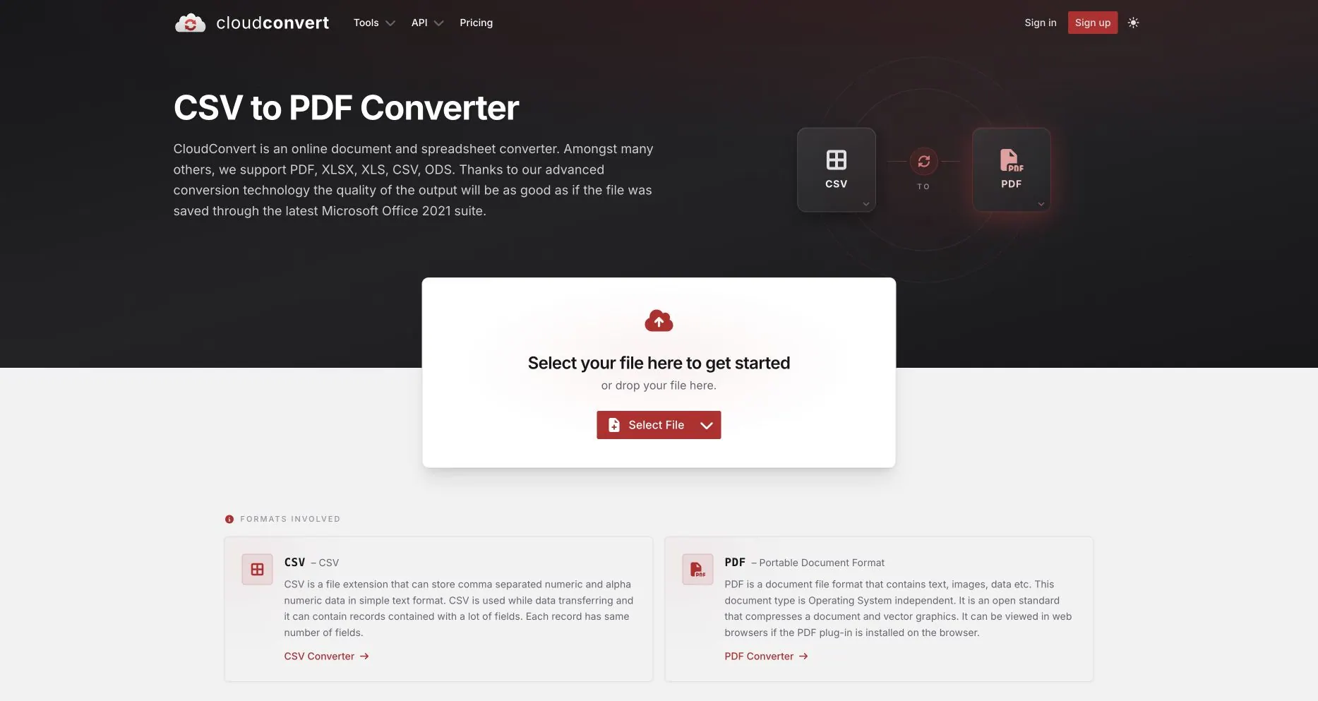 CloudConvert 的公共 CSV 转 PDF 页面，显示 CSV 转 PDF 格式对和上传步骤