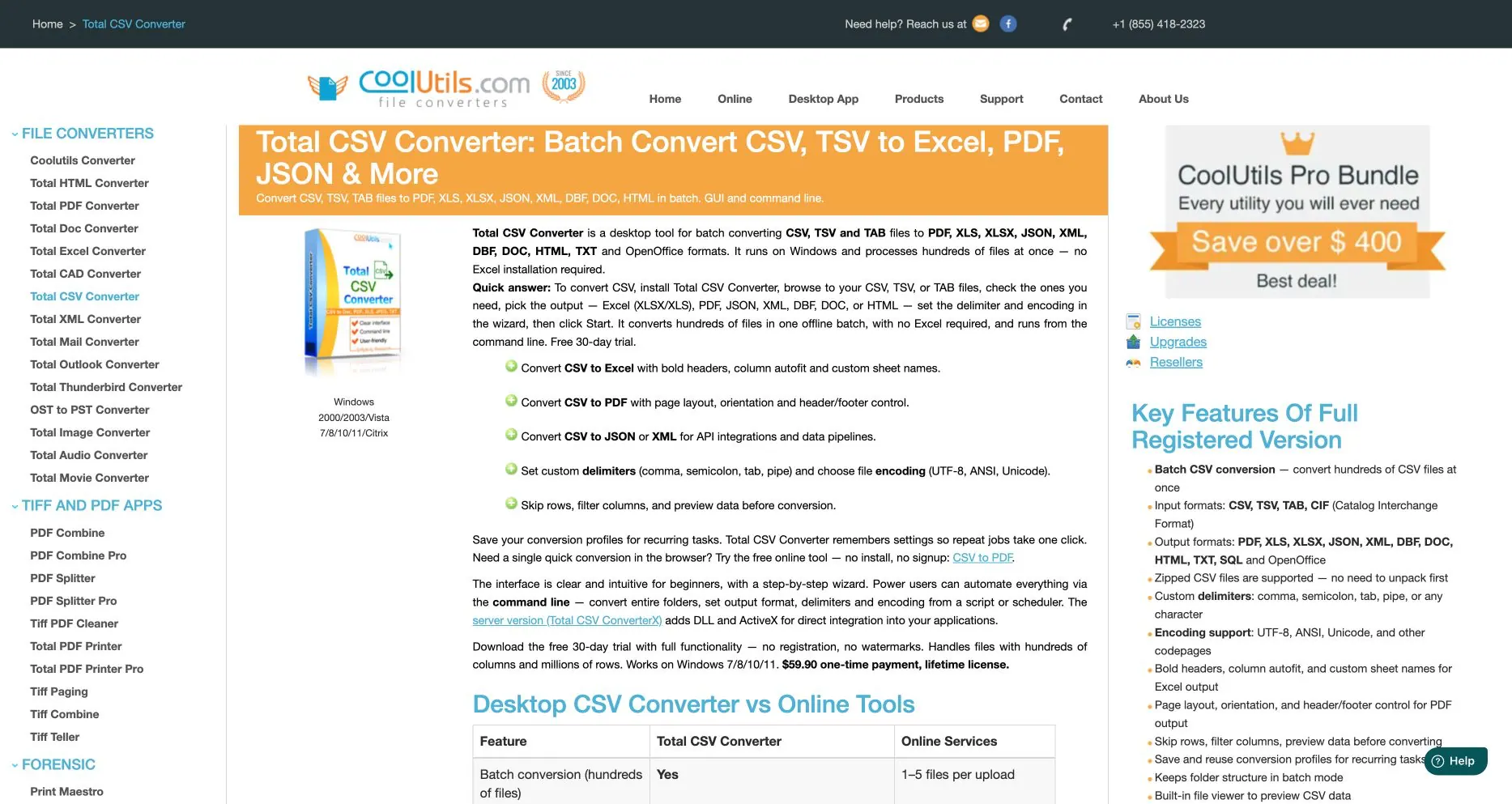 CoolUtils Total CSV Converter 产品页面，描述批量 PDF 转换、分隔符控制、配置文件和命令行使用