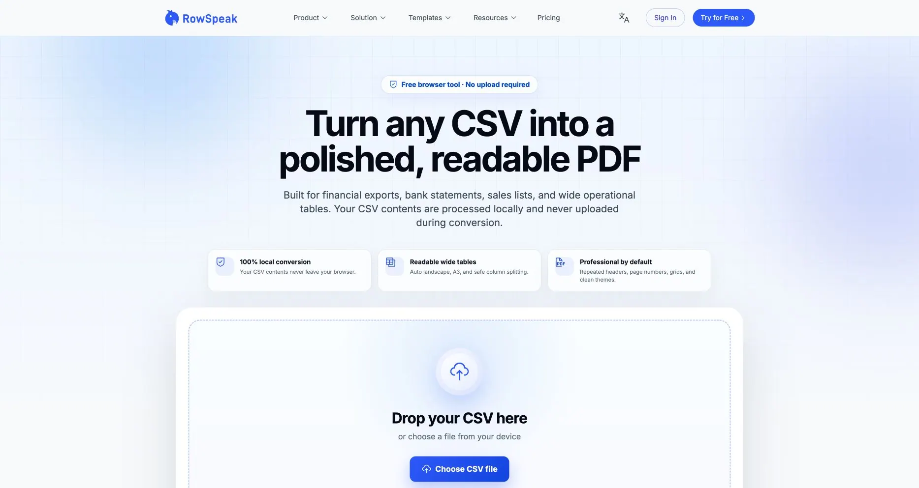 匡优数言的浏览器本地 CSV 转 PDF 上传页面，显示隐私边界和宽表格选项
