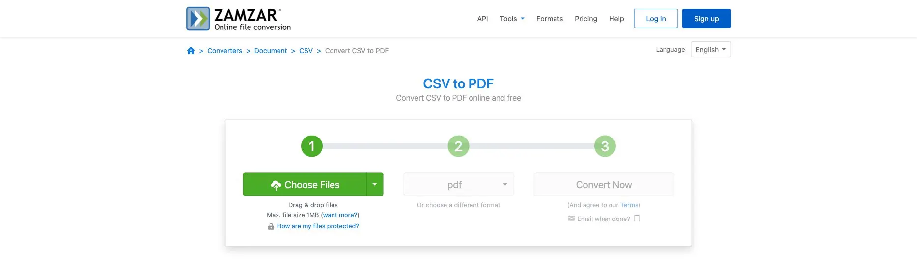 Zamzar CSV 转 PDF 页面，显示其三步选择、格式和转换工作流