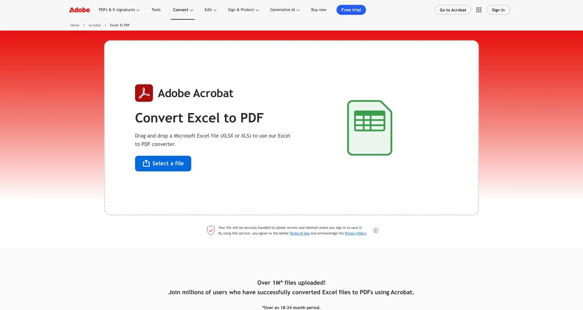 Adobe Acrobat Excel 转 PDF 页面，显示文件选择区域