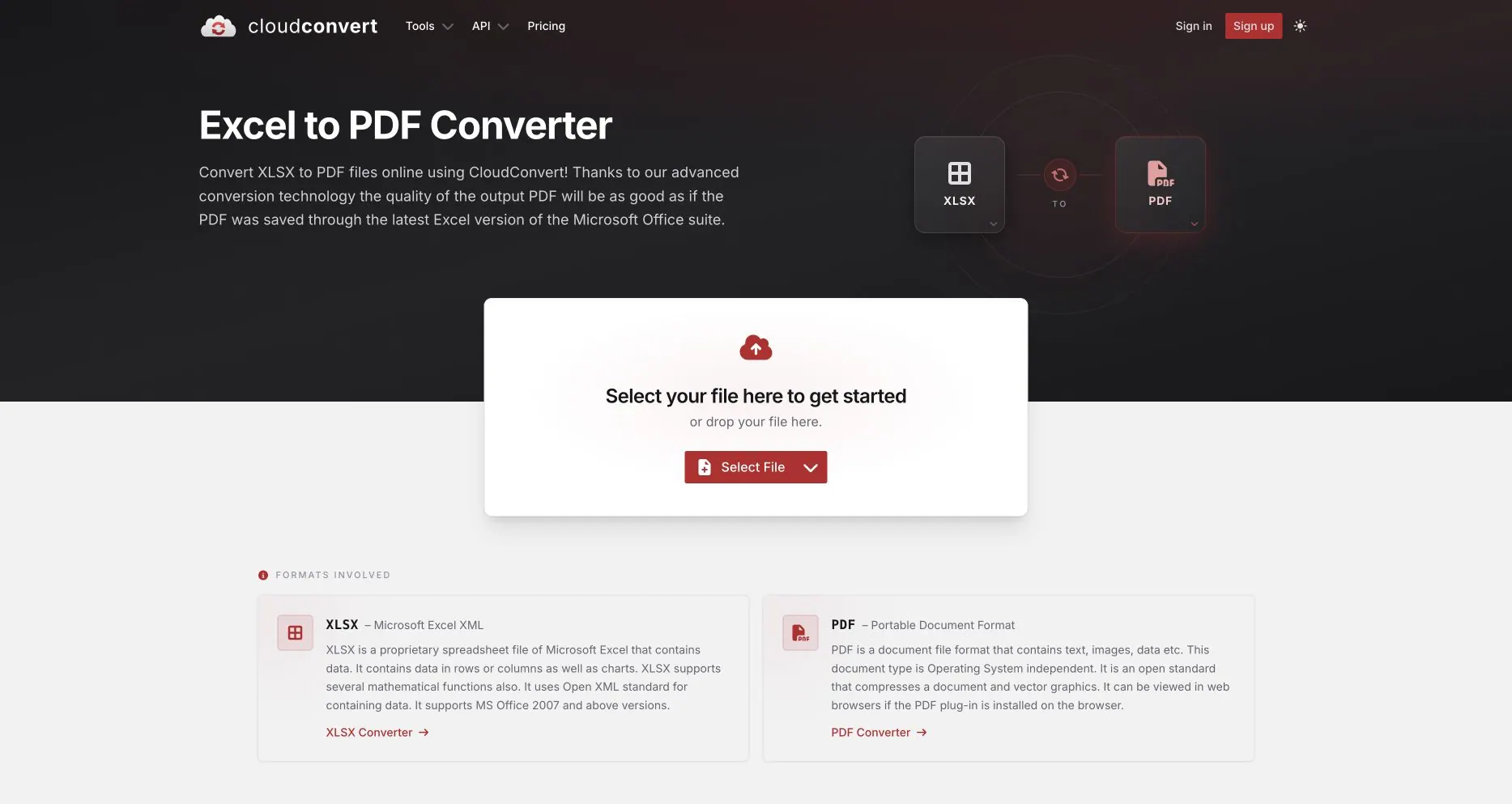 CloudConvert Excel 转 PDF 页面，显示 XLSX 转 PDF 格式对和文件选择器