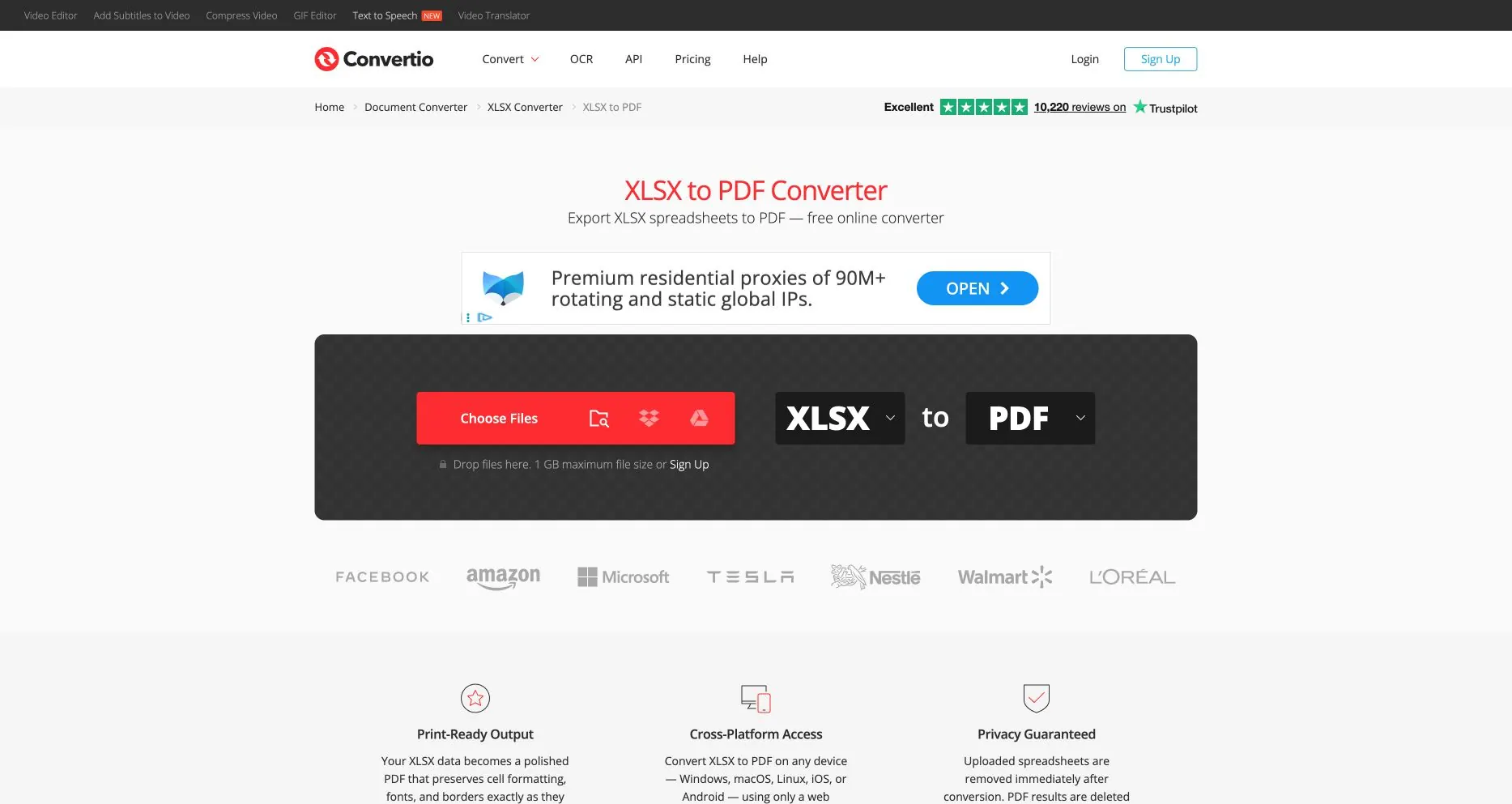 Convertio XLSX 转 PDF 页面，显示上传控件和选定输出格式