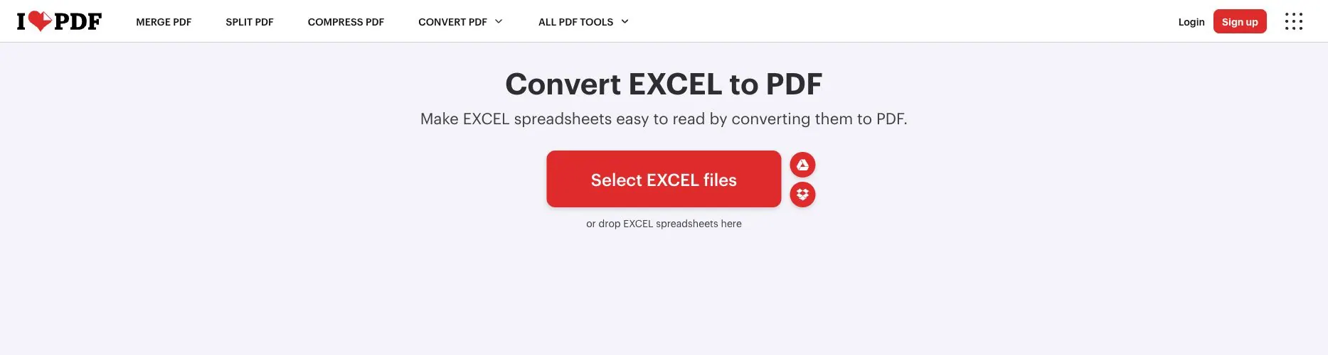 iLovePDF Excel 转 PDF 页面，显示文件选择器和云盘选项