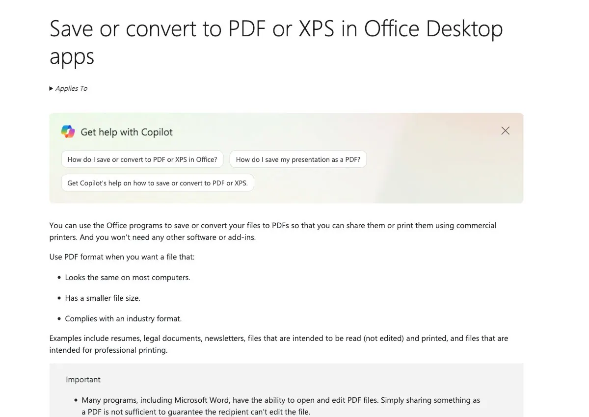 微软支持页面，解释 Office 桌面应用如何将文件保存或转换为 PDF