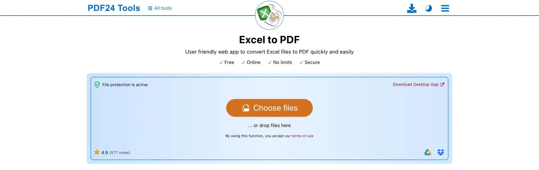 PDF24 Excel 转 PDF 页面，显示受保护的文件拖放区域和桌面应用路径