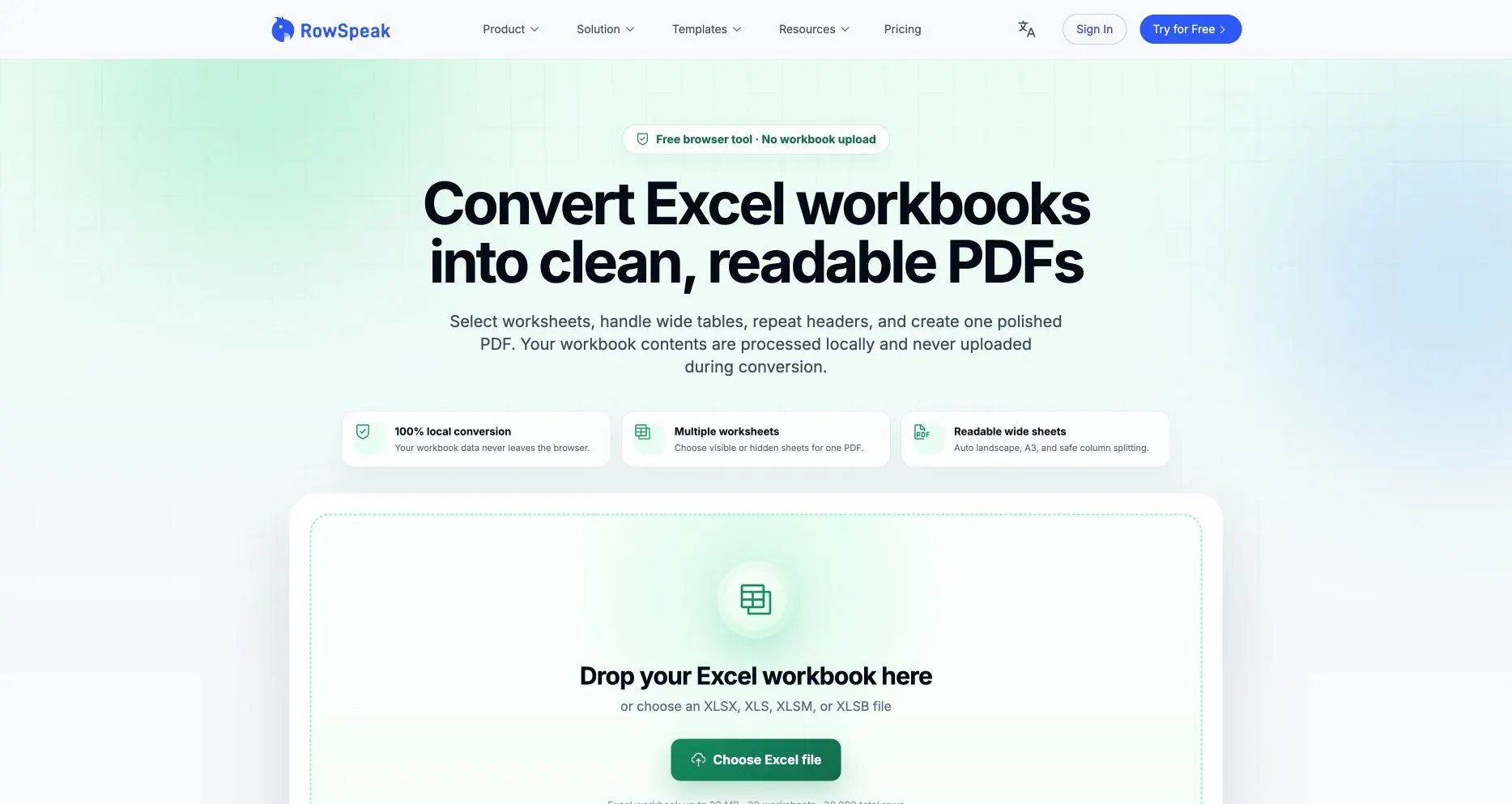 匡优数言 Excel 转 PDF 页面，显示本地转换及支持的 Excel 工作簿格式
