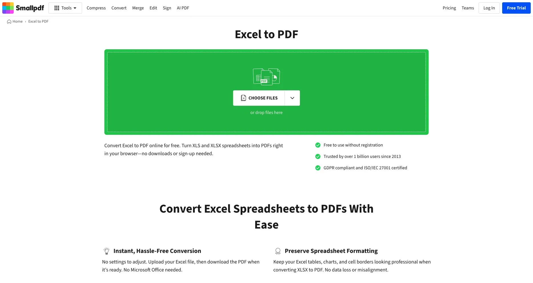 Smallpdf 公开的 Excel 转 PDF 页面，显示文件选择器和产品文案