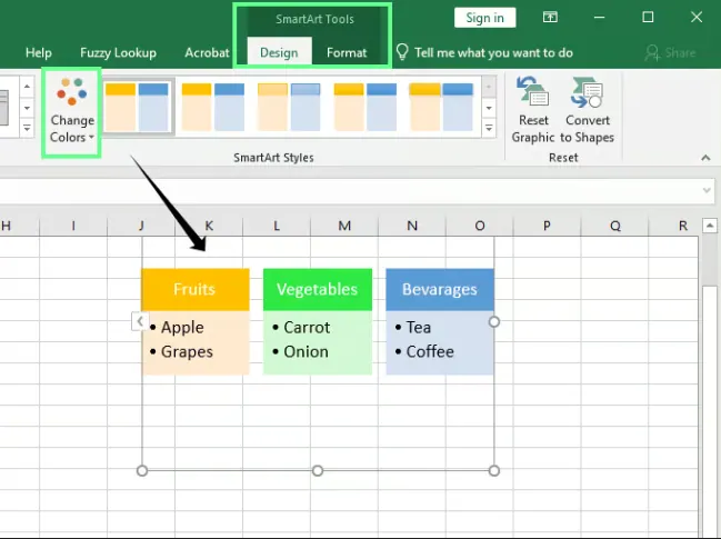 Anpassen von Aufzählungspunkten im Abschnitt "SmartArt-Tools" in Excel