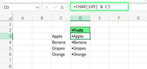 Hinzufügen von Aufzählungspunkten mit der CHAR()-Funktion in Excel