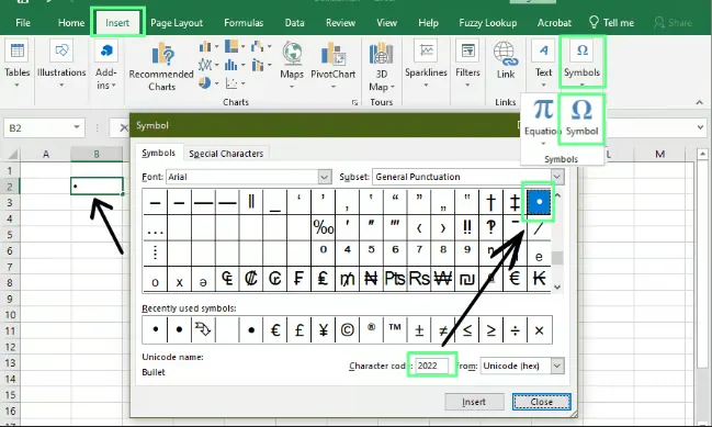 Hinzufügen von Aufzählungspunkten mit der Symbol-Methode in Excel