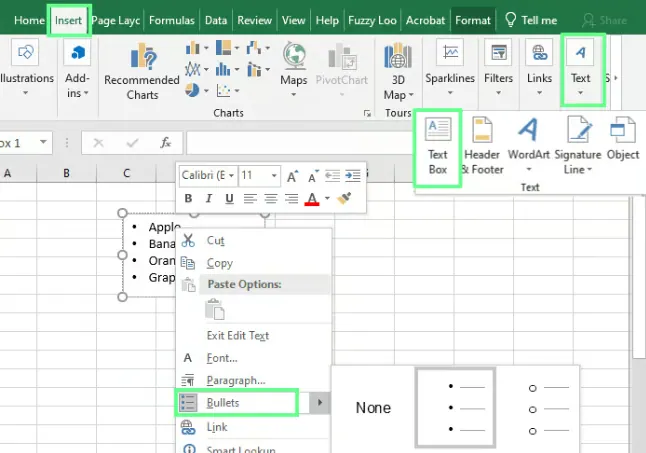 Einfügen von Aufzählungspunkten mit einem Textfeld in Excel