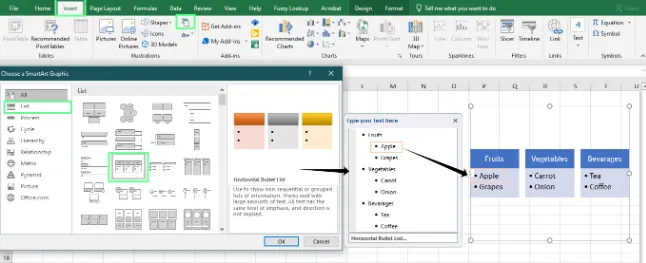 Einfügen von Aufzählungspunkten mit einem SmartArt-Grafik-Tool in Excel