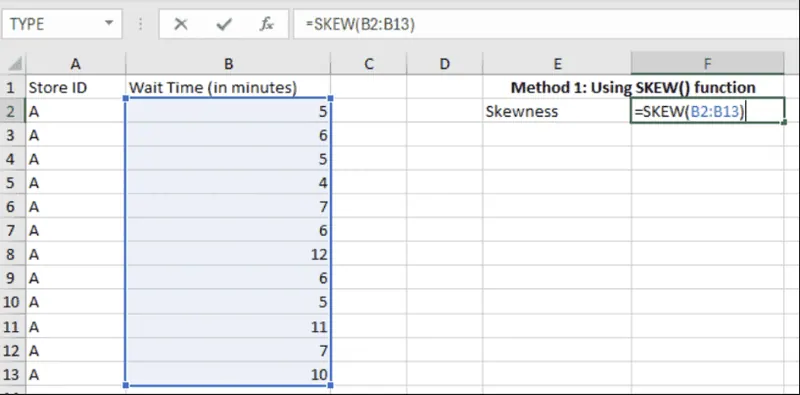 在Excel中使用SKEW()函数计算偏度