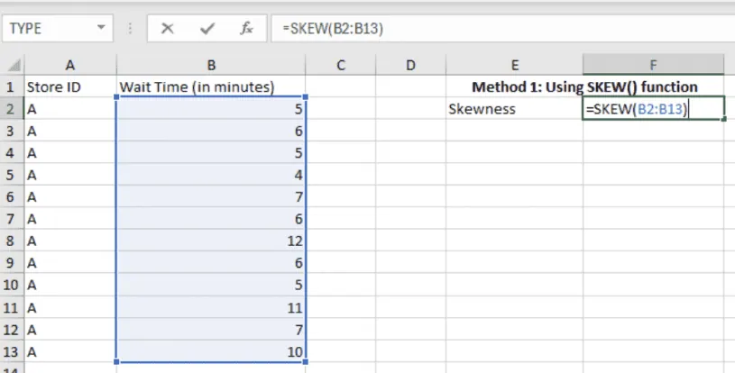 Berechnung der Schiefe mit der SKEW-Funktion in Excel