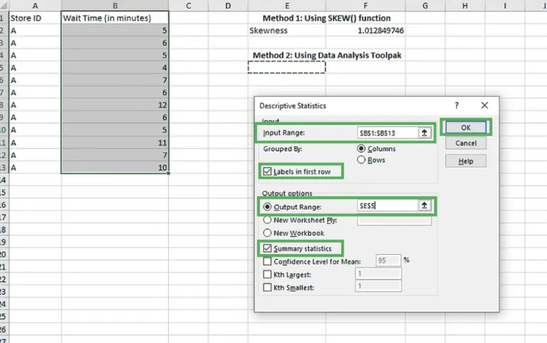 Ausfüllen der Details für deskriptive Statistik in Excel
