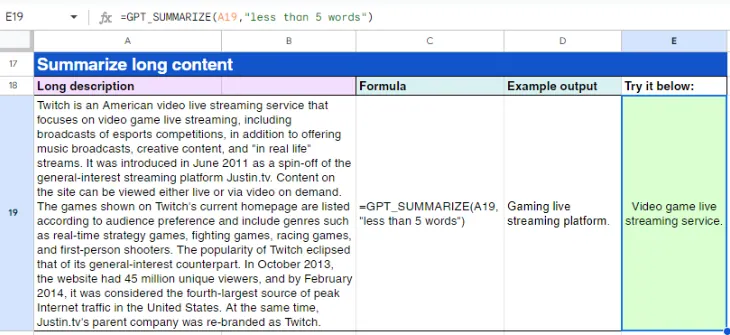 GPT_SUMMARIZE() in Aktion