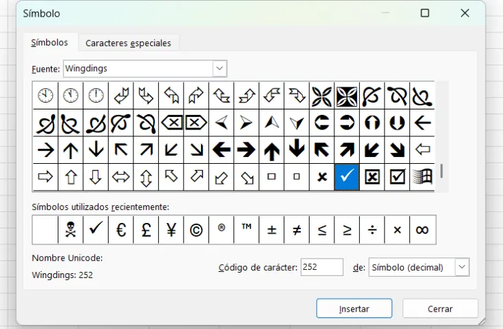 Häkchen im Symbol-Dialog. Zeichencode 2