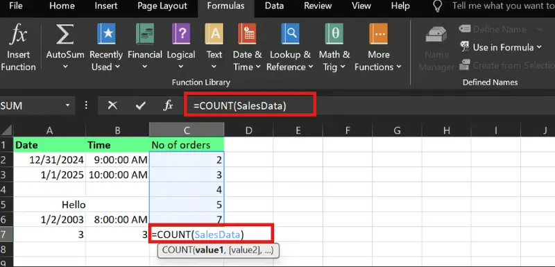 使用命名范围的COUNT()函数7