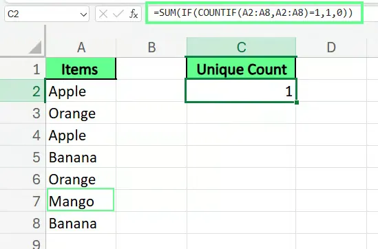 Eindeutige Werte mit SUM(), IF() und COUNTIF() in Excel zählen. 2
