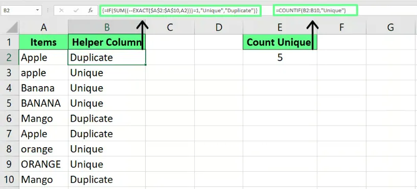 Groß-/Kleinschreibung-sensible eindeutige Werte in Excel zählen. 7