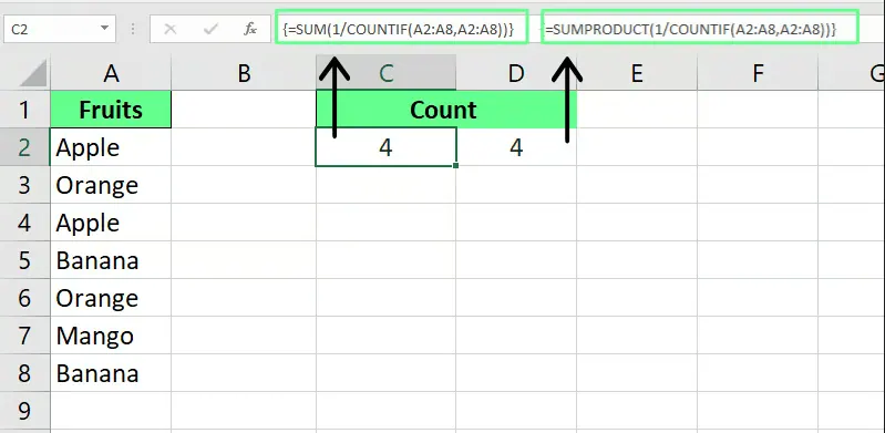 Unterschiedliche Werte mit COUNTIF()- und SUM()-Funktionen in Excel zählen. 8