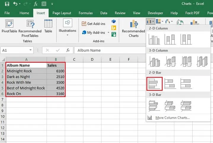Einfügen eines Balkendiagramms aus dem Excel-Menüband 2