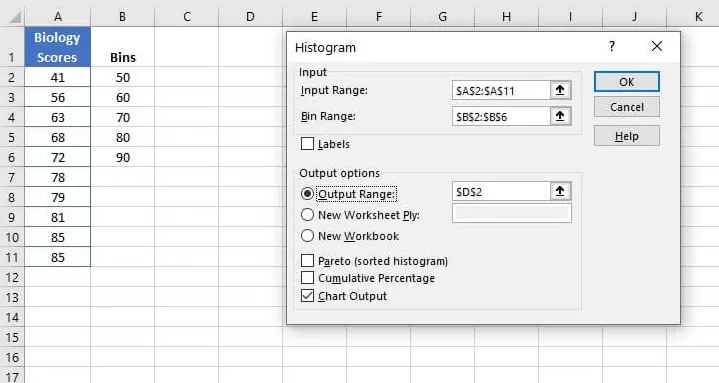 Dialogfeld zur Erstellung eines Histogramms mit dem Datenanalyse-ToolPak 2