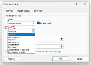 如何在Excel中选择逻辑条件以限制数据验证的数据范围/长度。3