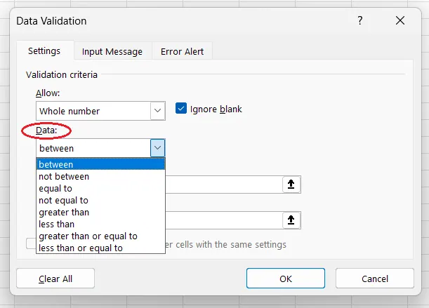 Wie man eine logische Bedingung auswählt, um den Datenbereich/die Länge für die Datenvalidierung in Excel einzuschränken. 3