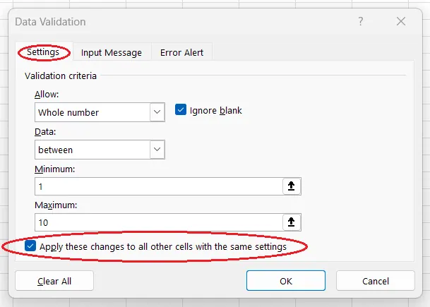 Wie man Datenvalidierungsänderungen in Excel auf alle anderen Zellen mit denselben Einstellungen anwendet. 7