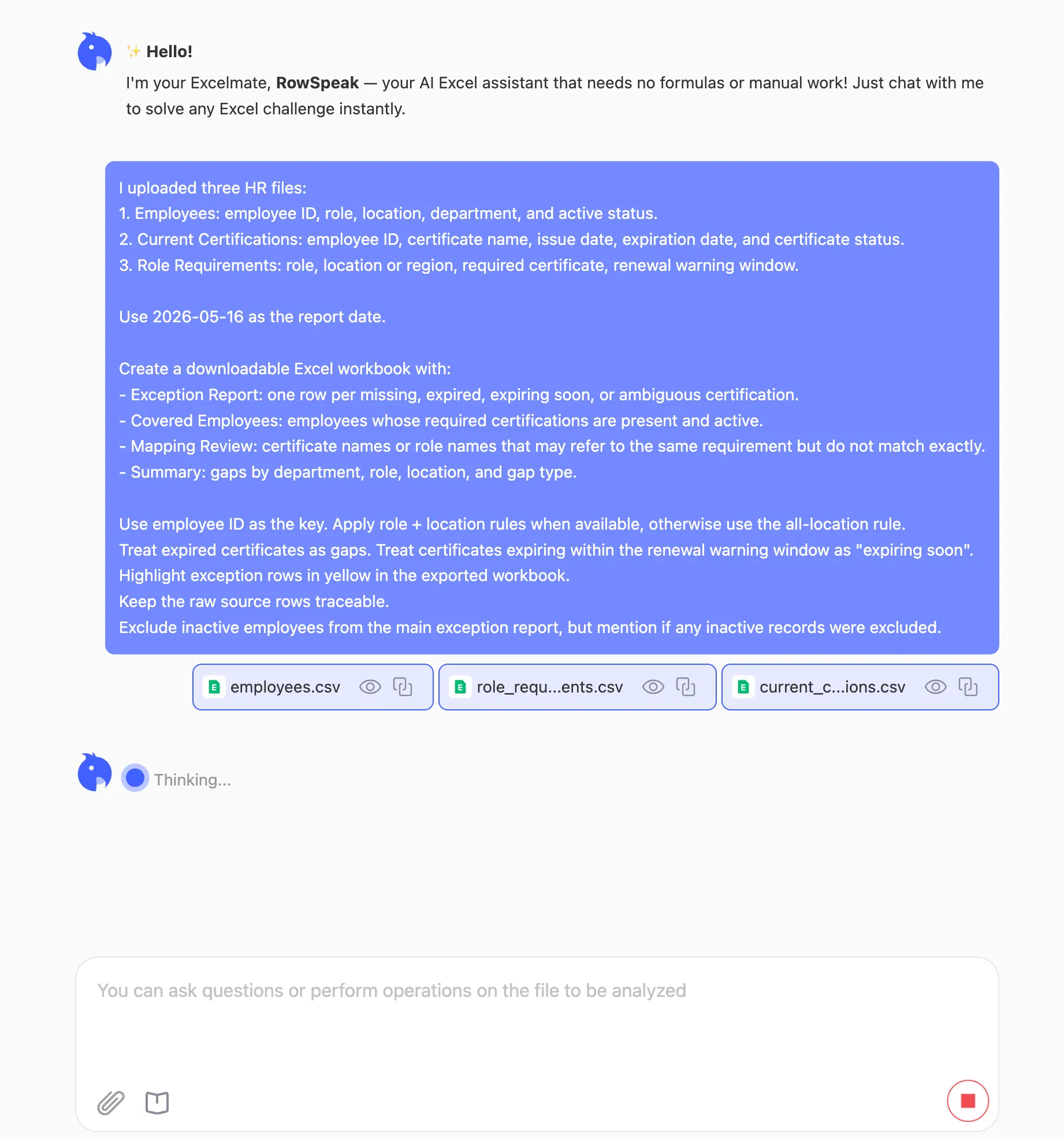 使用员工、证书和职位要求 CSV 文件提示匡优数言