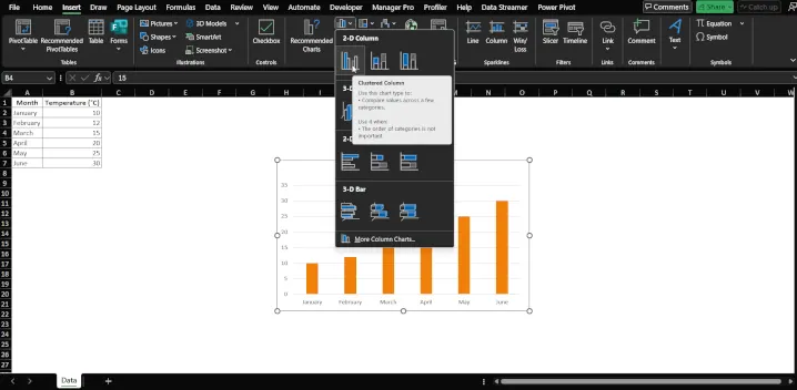 Ein Standard-Säulendiagramm in Excel vor dem Hinzufügen von Fehlerbalken. 1