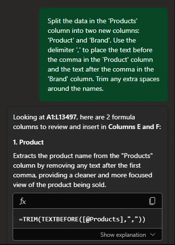Eine unordentliche Excel-Spalte mit kombinierten Produkt- und Markennamen.