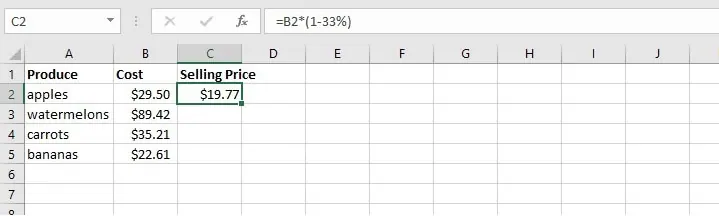 Eine Formel, die einen Originalpreis in Zelle B2 zeigt, multipliziert mit (1-33%), um einen rabattierten Preis zu berechnen. 2
