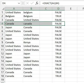 在 Excel 中使用 EXACT 函数进行区分大小写的比较 2