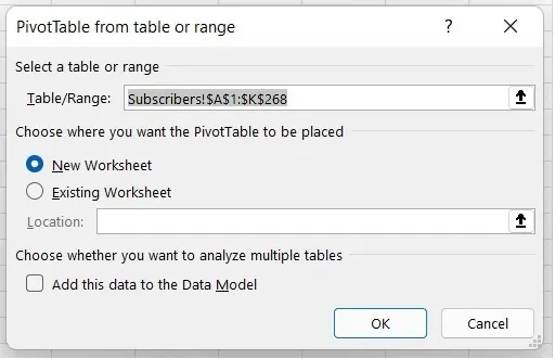 Excel-Dialogfeld "PivotTable erstellen" 2