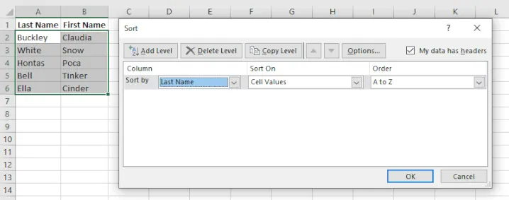 Ein Dialogfeld, das die Sortieroptionen in Excel zeigt, mit 'Aufrufe' als ausgewählter Sortierspalte.