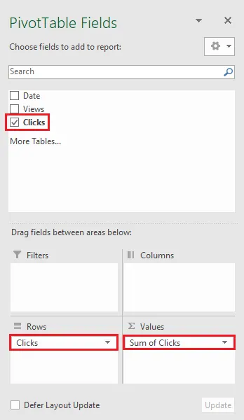 Der PivotTable-Felder-Bereich in Excel, der zeigt, wie Felder in die Bereiche Zeilen, Spalten und Werte gezogen werden.
