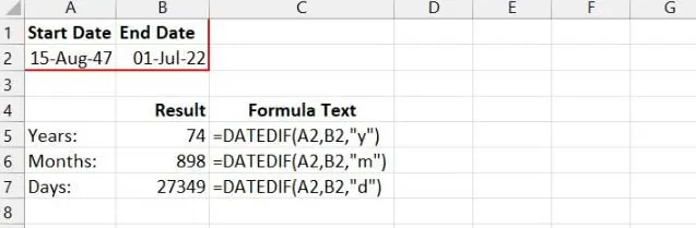 Ein Beispiel der DATEDIF-Funktion, die die Differenz in Jahren, Monaten und Tagen berechnet. 2