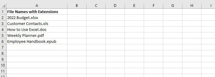 Eine Spalte in Excel zeigt Dateinamen mit Erweiterungen