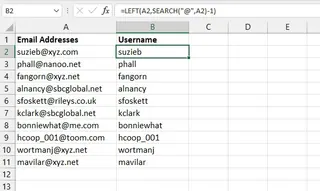 在Excel中使用LEFT和SEARCH函数提取用户名