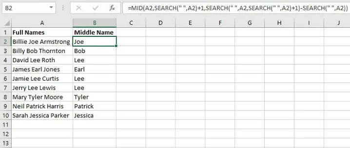 Komplexe verschachtelte Formel zum Extrahieren eines Mittelnamens in Excel