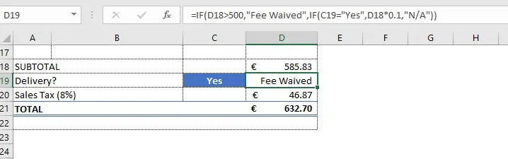 Eine komplexe, verschachtelte IF-Formel in Excel zur Berechnung einer dynamischen Liefergebühr. 2