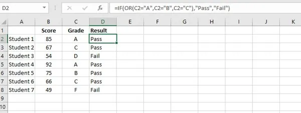 Verwendung einer Kombination aus IF- und OR-Funktionen in Excel zur Bestimmung des Bestehens/Durchfallens. 3